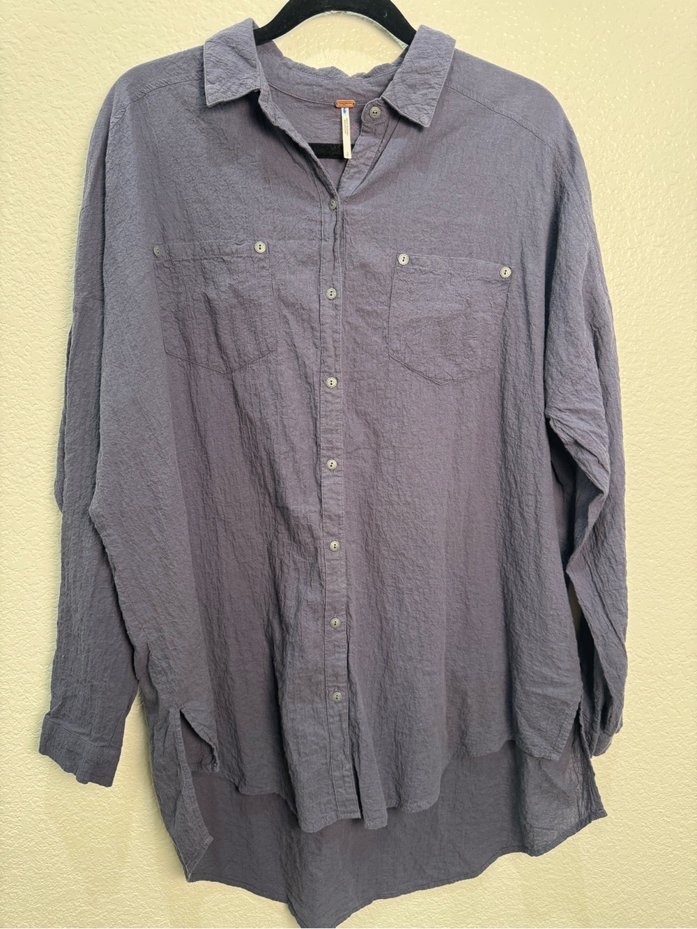 Free People Gray Blue Oversized Crinkle Gauze Button Down Shirt Small